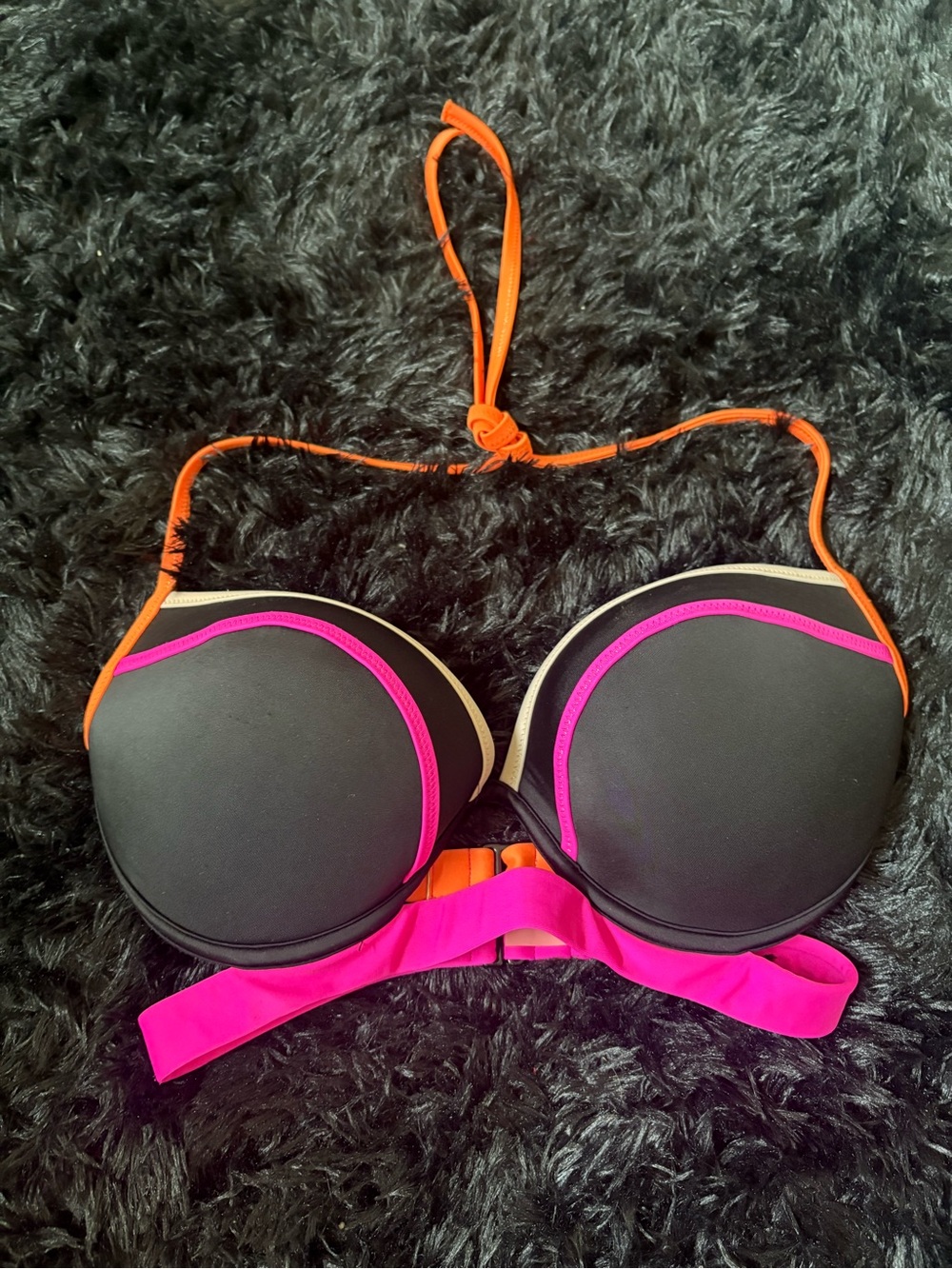 Victoria's Secret Black Bikini Top with Pink & Orange Accents